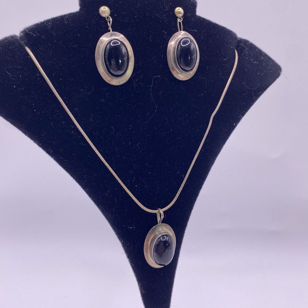 Sterling Silver And Black Necklace And Earring Set Retro MCM Minimalist 18ā